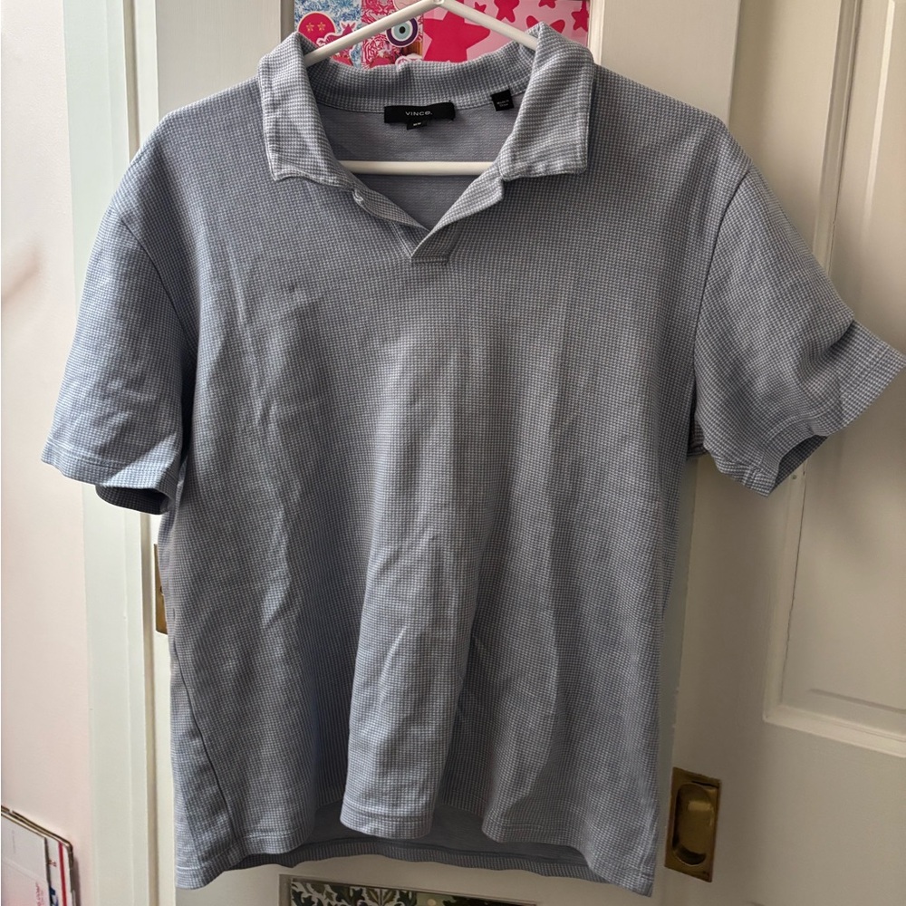 VINCE HOUNDSTOOTH PIMA COTTON JOHNNY COLLAR POLO SHIRT